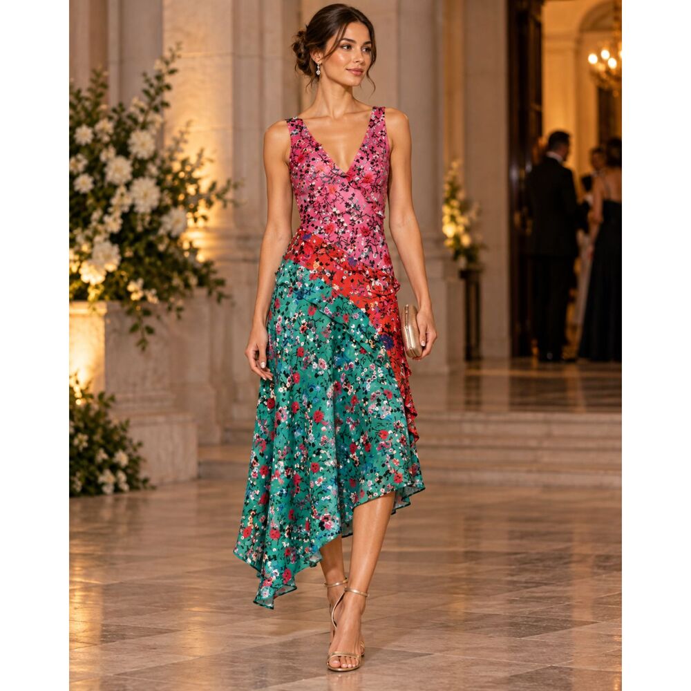 Saloni Aggie Pink Meadow 100% Silk Floral Asymmetrical Midi Dress XS
